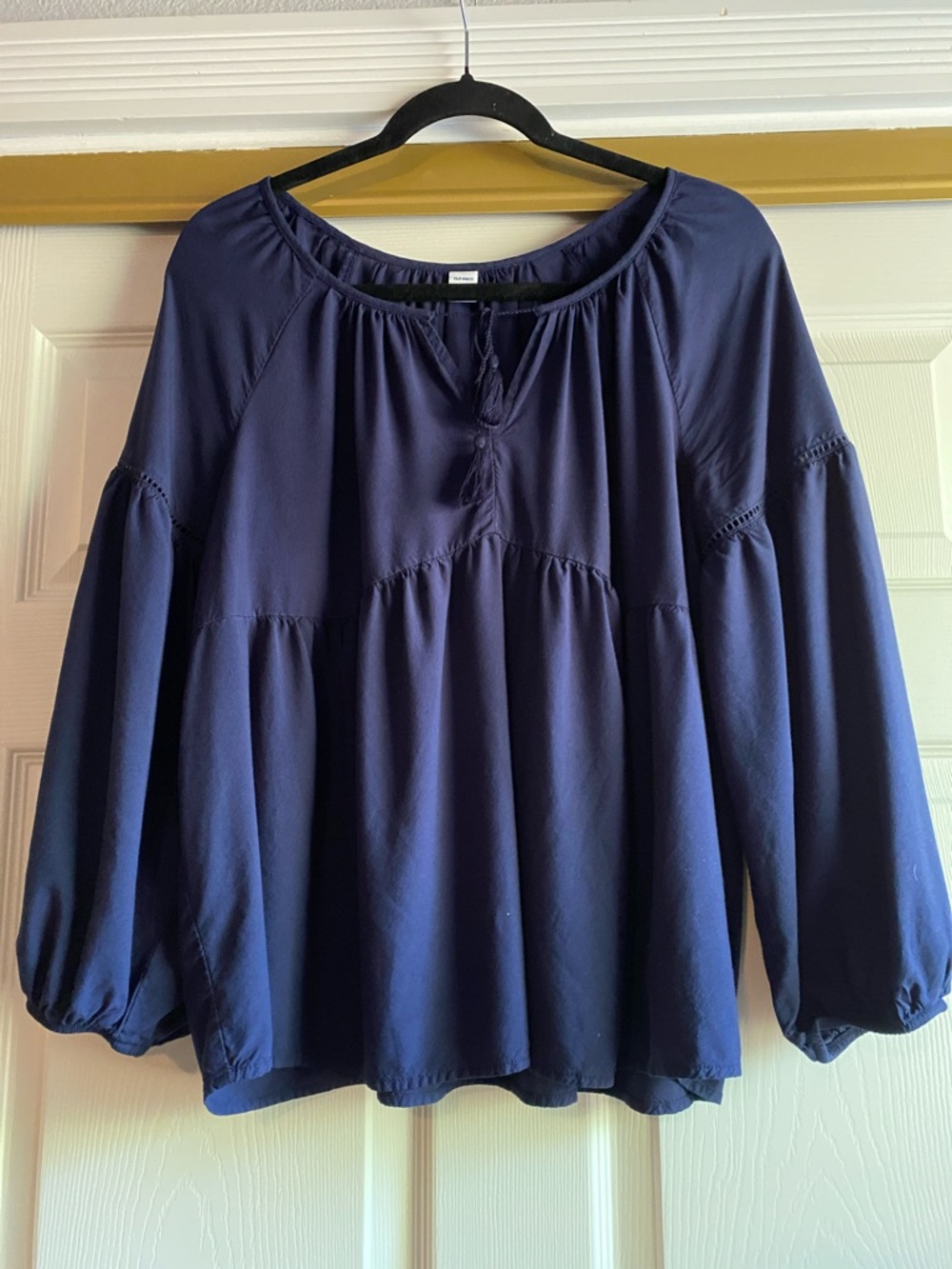 Navy Peasant Blouse with Tie Neck - Women Tops size Large